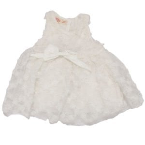 Kız Bebek Beyaz Simli Çiçek Motifli Tüllü Fiyonk Tokalı Elbise