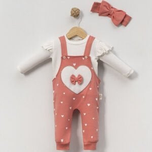Kız Bebek Ekru Pembe Kalpli Fiyonklu Bandanalı Salopet Takım