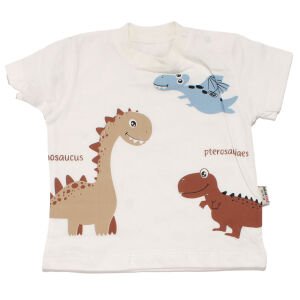 Erkek  Bebek Ekru Kahve Dinazor Desenli Şortlu Tişörtlü 2'li Takım