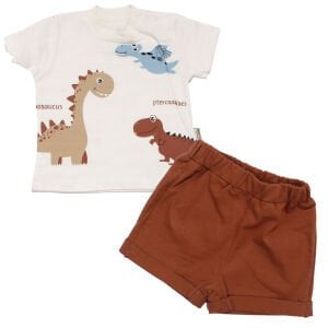 Erkek  Bebek Ekru Kahve Dinazor Desenli Şortlu Tişörtlü 2'li Takım