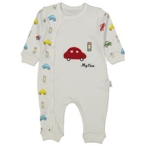 Erkek Bebek Ekru Renklİ Araba Baskılı Çıtçıtlı Tulum