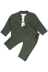 Erkek Bebek Ekru Never Look Back Yazılı Yeşil Müslin Ceketli 3'lü Takım