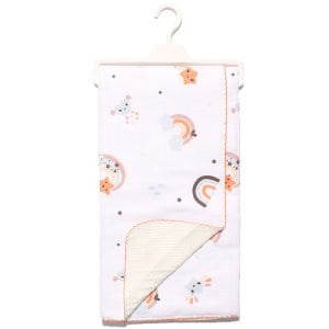 Unisex Bebek Beyaz Turuncu Biyeli Gökkuşağı Yıldız Desenli Pikeli Müslin Battaniye 80x90