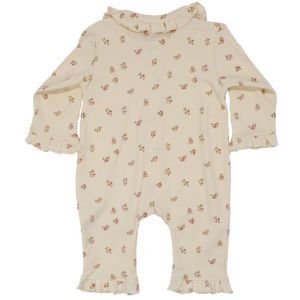 Kız Bebek Ekru Minik Çicekli Kolları Fırfırlı Bebe Yaka Çıtçıtlı Tulum