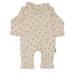 Kız Bebek Ekru Minik Çicekli Kolları Fırfırlı Bebe Yaka Çıtçıtlı Tulum