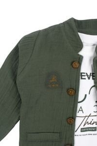 Erkek Bebek Ekru Never Look Back Yazılı Yeşil Müslin Ceketli 3'lü Takım