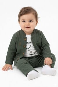 Erkek Bebek Ekru Never Look Back Yazılı Yeşil Müslin Ceketli 3'lü Takım