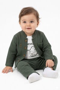 Erkek Bebek Ekru Never Look Back Yazılı Yeşil Müslin Ceketli 3'lü Takım