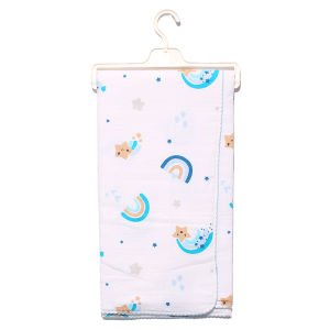 Unisex Bebek Beyaz Mavi Biyeli Gökkuşağı Yıldız Desenli Pikeli Müslin Battaniye 80x90