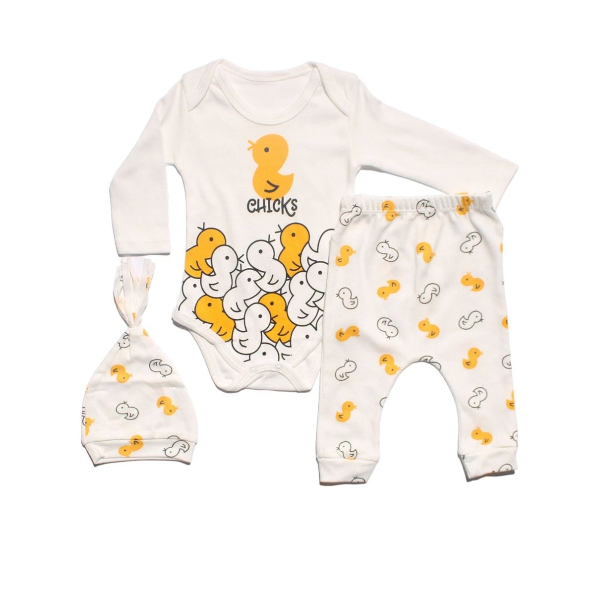 Unisex Beyaz Sarı Chıcks Ördekli 3'lü Takım 6-9 AY - Bebegen.com.tr