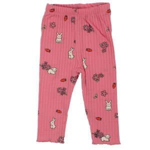 Kız Bebek Pembe Tavşanlı Çiçekli Deseneli Keten Bebe Yakalı 2'li Takım