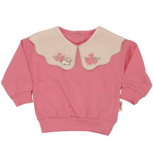 Kız Bebek Pembe Tavşanlı Çiçekli Deseneli Keten Bebe Yakalı 2'li Takım