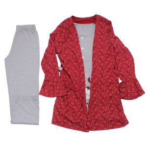 Gri Bordo Çiçek Desenli Hamile Lohusa 3'lü Pijama Takımı