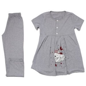 Gri Bordo Çiçek Desenli Hamile Lohusa 3'lü Pijama Takımı