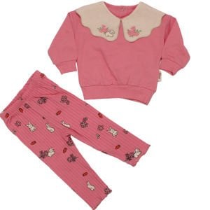 Kız Bebek Pembe Tavşanlı Çiçekli Deseneli Keten Bebe Yakalı 2'li Takım