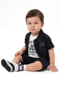 Erkek Bebek Siyah Beyaz Mavi Kot Ceketli Şortlu 3'lü Takım