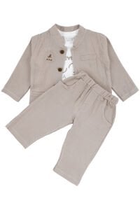 Erkek Bebek Ekru Never Look Back Yazılı Yeşil Bej Ceketli 3'lü Takım