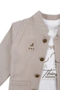 Erkek Bebek Ekru Never Look Back Yazılı Yeşil Bej Ceketli 3'lü Takım