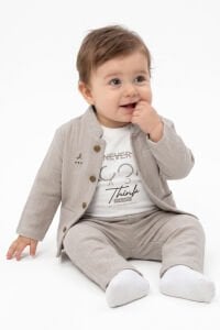 Erkek Bebek Ekru Never Look Back Yazılı Bej Ceketli 3'lü Takım
