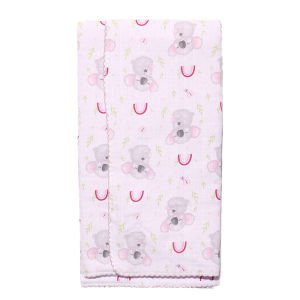 Kız Bebek Pembe Mor Biyeli Koalalı Gökkuşağı Desenli Pikeli Müslin Battaniye 80x90
