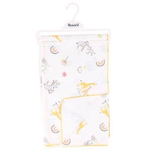 Unisex Bebek Ekru Sarı Yeşil Biyeli Hayvanlı Desenli Müslin Battaniye 80x90