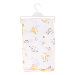 Unisex Bebek Ekru Sarı Yeşil Biyeli Hayvanlı Desenli Müslin Battaniye 80x90