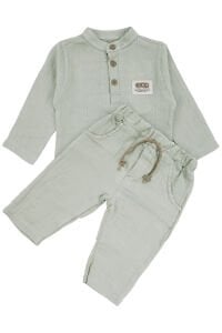 Erkek Bebek Mint Yeşili Hakim Yaka Düğmeli Müslin 2'li Takım