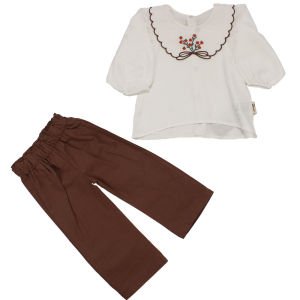 Kız Bebek Beyaz Kahve Turuncu Çicek Nakışlı Bebe Yaka 2'li Takım
