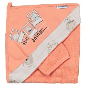 Erkek Bebek Turuncu Fan Animals Yazılı Hayvanlı Desenli Havlu Lif Set