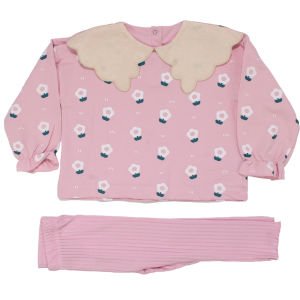 Kız Çocuk Pembe Beyaz Papatya Desenli Keten Bebe Yakalı 2'li Takım