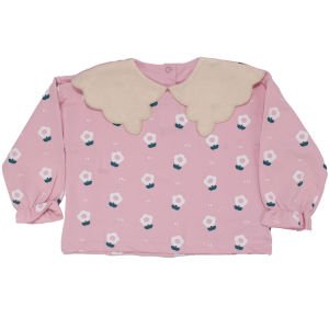 Kız Çocuk Pembe Beyaz Papatya Desenli Keten Bebe Yakalı 2'li Takım