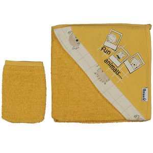 Erkek Bebek Sarı Fan Animals Yazılı Hayvanlı Desenli Havlu Lif Set