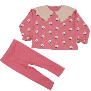 Kız Çocuk Nar Çiçeği Beyaz Papatya Desenli Keten Bebe Yakalı 2'li Takım