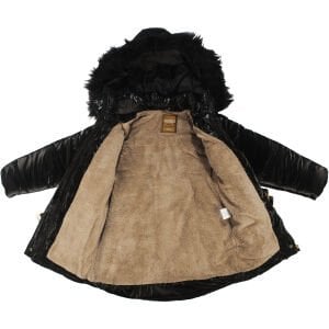 Kız Çocuk siyah Parlak Tüylü Şapkalı Kemerli Mont