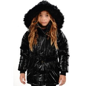 Kız Çocuk siyah Parlak Tüylü Şapkalı Kemerli Mont