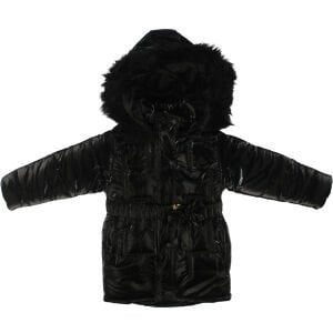 Kız Çocuk siyah Parlak Tüylü Şapkalı Kemerli Mont