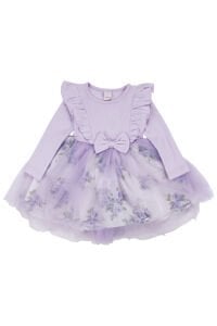 Kız Çocuk Lila Çiçek Desenli Tüllü Fitilli Fiyonklu Elbise