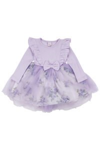 Kız Çocuk Lila Çiçek Desenli Tüllü Fitilli Fiyonklu Elbise