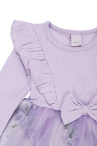 Kız Çocuk Lila Çiçek Desenli Tüllü Fitilli Fiyonklu Elbise