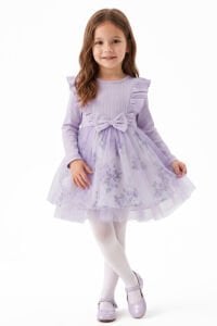 Kız Çocuk Lila Çiçek Desenli Tüllü Fitilli Fiyonklu Elbise