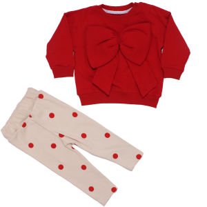 Kız Bebek Kırmızı Ekru Büyük Fiyonklu Puanlı 2'li Takım