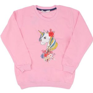 Kız Çocuk Pembe Çiçekli Unicorn Baskılı Tek Üst Sweat
