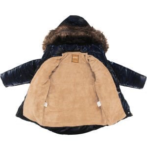 Kız Çocuk Lacivert Parlak Tüylü Şapkalı Kemerli Mont