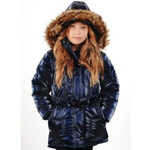 Kız Çocuk Lacivert Parlak Tüylü Şapkalı Kemerli Mont