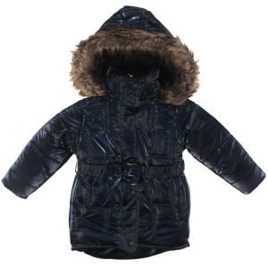 Kız Çocuk Lacivert Parlak Tüylü Şapkalı Kemerli Mont