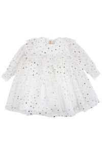 Kız Çocuk Ekru Gold Yıldız Desenli Tüllü Elbise