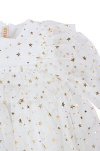 Kız Çocuk Ekru Gold Yıldız Desenli Tüllü Elbise