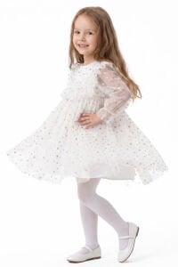 Kız Çocuk Ekru Gold Yıldız Desenli Tüllü Elbise