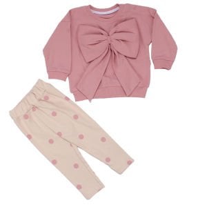 Kız Bebek Pudra Ekru Büyük Fiyonklu Puanlı İkili Takım