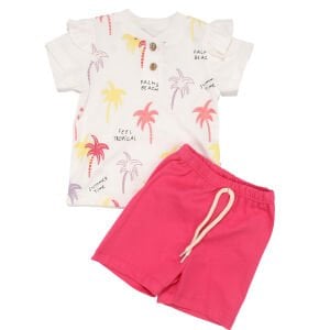 Kız Bebek Beyaz Fuşya Renkli Palmiye Desenli Şortlu 2'li Takım
